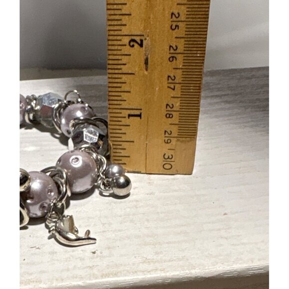 Vtg Charm Bracelet Silver Lavender Beaded Dolphin Starfish Key Accents Stretch - Picture 8 of 9